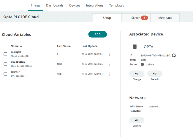 Arduino IoT Cloud Thing and Cloud variables for Opta™